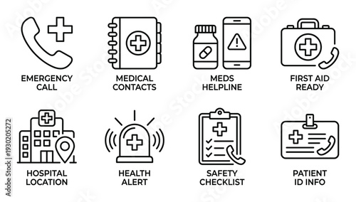 Emergency medical icons representing essential health services and safety information