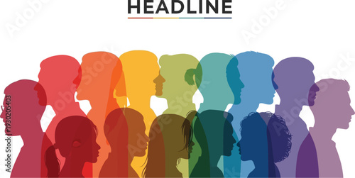 A diverse group of people in colorful silhouettes facing forward together in unity