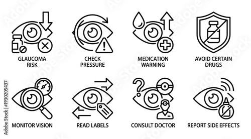 Glaucoma risk and eye pressure monitoring icons set with vision care and medical consultation signs