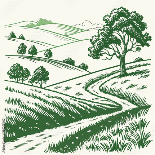 Winding Dirt Path through Rolling Green Hills with Lush Trees and Wildflowers - Classic Engraving Style Vector Landscape Illustration