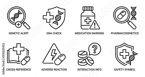 Genetic alert and pharmacogenetics icons for dna testing safety and adverse drug reaction reporting