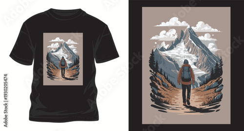 Mountain hiking t-shirt design with backpacker walking on trail