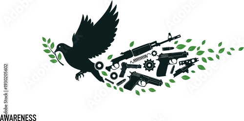 A dove holds an olive branch near guns and leaves in a symbolic awareness image