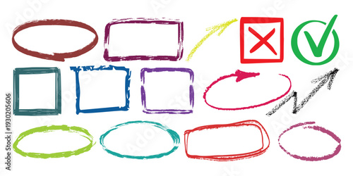 Crayon chalk pastel stroke rectangles square circle oval ellipse collection. Retro vintage vector borders templates. Colorful Hand Drawn Brush Texture Dialogue Text Frames.