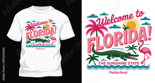 Welcome to florida sunshine state t-shirt design with alligator and flamingo vector art