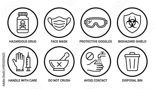 Healthcare safety icons hazardous drug face mask protective goggles biohazard shield glove