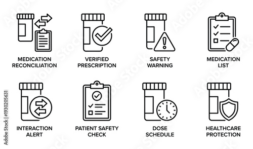 Healthcare medical icons set for medication management and patient safety collection