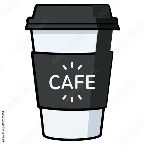 Coffee cup with black sleeve showing word café in clear letters. Simple design with plain background. Concept of coffee shop, beverage branding, menu design