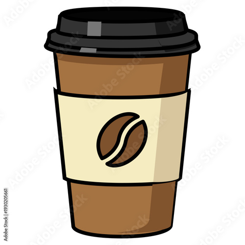 Cartoon coffee cup with black lid and coffee bean design on sleeve. Clear setting for showcasing drinks on white background. Concept of coffee shop, café, takeout