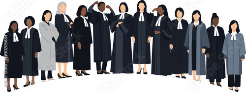 A diverse group of women in professional legal attire standing together in a united and confident manner.