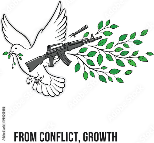 A dove holding an assault rifle with an olive branch, symbolizing growth from conflict.