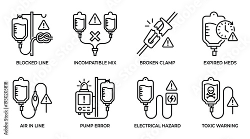 Infusion set icons on transparent background showing blocked line, mix errors, broken clamp and expired meds