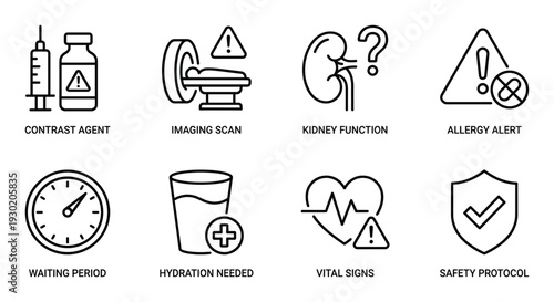 Imaging scan and kidney function testing icons for contrast agent safety and vital sign monitoring