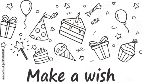 Black outline doodle make a wish lettering with cake, ice cream, gift and party hats illustration