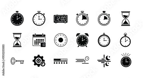Various timekeeping devices and symbols in a black silhouette