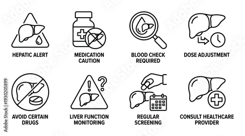 Liver health icons with medical advice, cautions and check up reminders for wellness