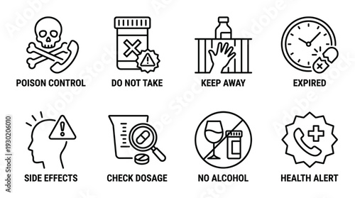 Medical advice and danger icons representing various health precautions and safety measures