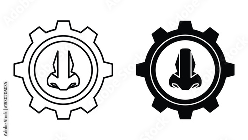 Oil pump jack icons in gear shape, outline and solid styles