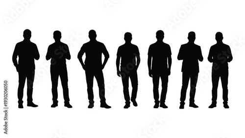 A group of men standing in a row in silhouette isolated on white background, Vector