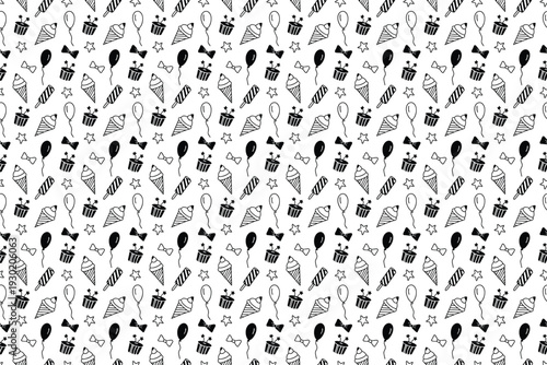 Seamless pattern with doodle party elements, balloons, gifts and desserts on checkered background illustration