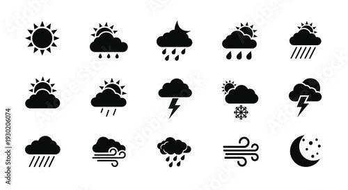 Collection of black weather icons displaying various atmospheric conditions silhouette
