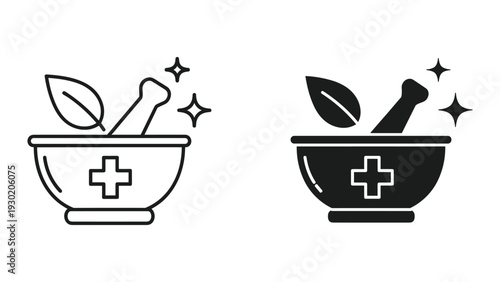 Medical mortar and pestle icons in black and white