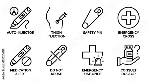 Medical emergency icons set featuring auto-injector, injection, and safety symbols