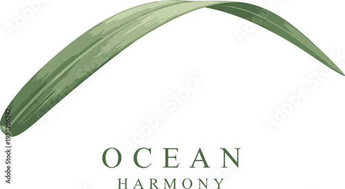 A serene green leaf arches over the words Ocean Harmony on a white background