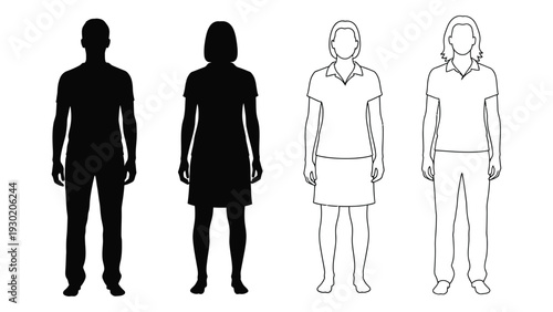 Four human figures in different styles and colors isolated on white background, Vector