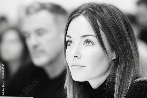 A woman with a focused expression sits in a crowded room with people around her