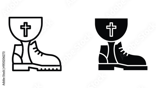 Christian pilgrim boots with crosses, outlined and filled icons