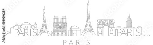 A minimalist line drawing of the Paris skyline featuring iconic landmarks and the word Paris