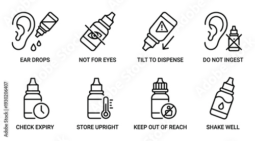 Medical icons set shows ear drops, medication instructions, and general health warnings