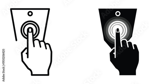 Hand pressing a doorbell button, black and white illustrations