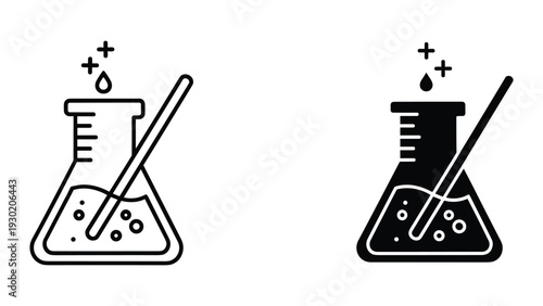 Laboratory flask with pipette icon, black and white versions