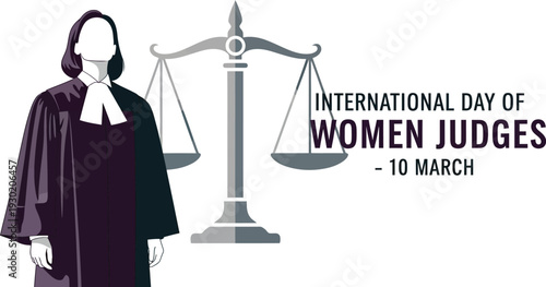 A female judge in a black robe stands beside a scale on International Day of Women Judges