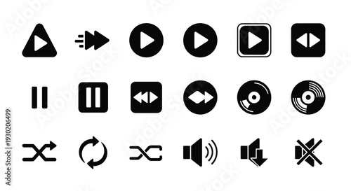 Black media player icons and symbols in a stark silhouette