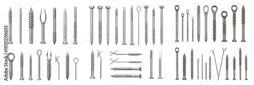 Comprehensive Collection of Industrial Metal Fasteners: Screws, Nails, Bolts, and Rivets Vector Set on White Background