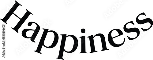 A stylized word Happiness in black font on a white background