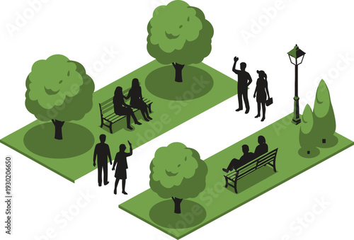 An isometric illustration of people socializing in a park with trees and benches