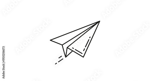 Minimalist Paper Airplane Flying Icon, Simple Line Art, Isolated on White Background