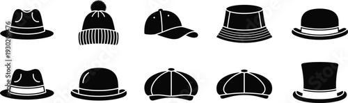 Set of fashion hat icons including fedora, beanie, baseball cap, and top hat, cad drawing flat vector illustration for clothing headwear design