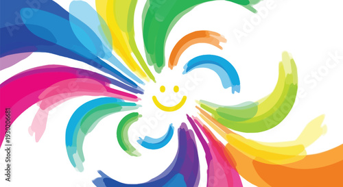 A colorful abstract illustration of a smiling face surrounded by swirling rainbow brushstrokes on a white background
