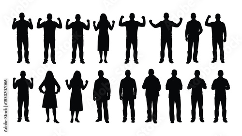 A group of people standing in two rows with some flexing their arms isolated on white background, Vector