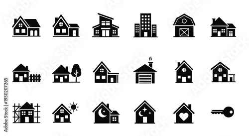 Black building icons depicting various homes and a key silhouette