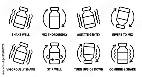 Medicine bottle preparation icons for shaking mixing and agitating liquid suspension pharmaceutical