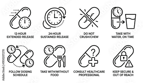 Medicine capsule icons for dosage instructions, release types, and administration guidelines