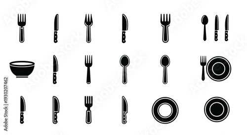 Black flatware and dishware arrangement depicted as a dark silhouette