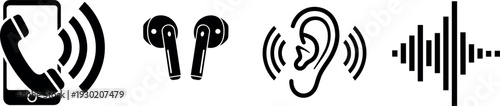 Phone Call Earbuds Hearing Ear and Sound Wave Solid Icons Set for Audio Communication