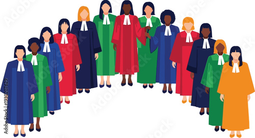A diverse group of women in colorful robes standing together in a semi-circle formation.